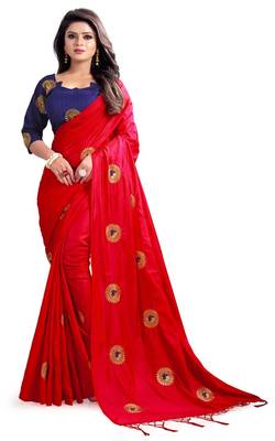 Red embroidered silk saree with blouse 1