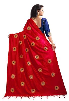 Red embroidered silk saree with blouse 3
