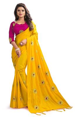 Yellow embroidered silk saree with blouse 1