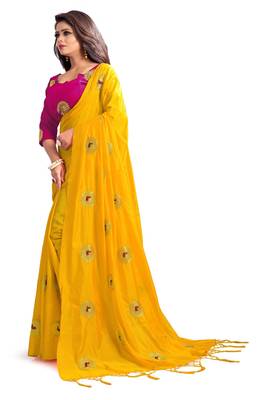Yellow embroidered silk saree with blouse 2