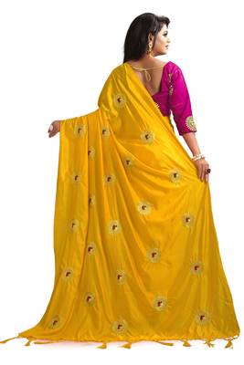 Yellow embroidered silk saree with blouse 3