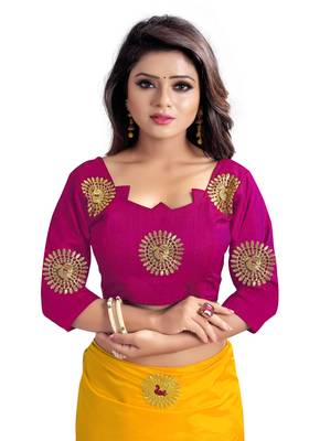 Yellow embroidered silk saree with blouse 4