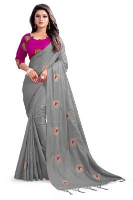 Grey embroidered silk saree with blouse 1