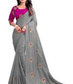 Grey embroidered silk saree with blouse