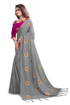 Grey embroidered silk saree with blouse 2