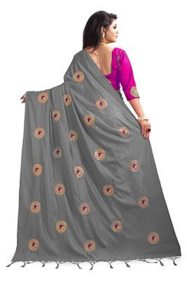 Grey embroidered silk saree with blouse 3