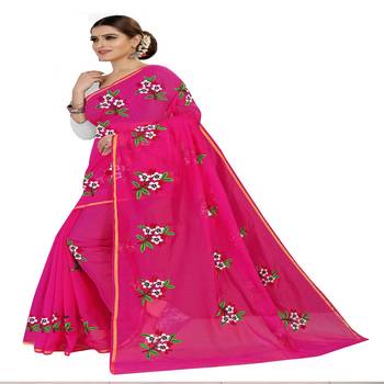 Pink embroidered chanderi silk saree with blouse 2