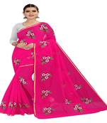 Pink embroidered chanderi silk saree with blouse