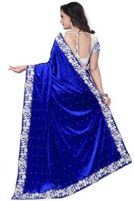 Blue Woven Velvet Saree With Blouse 3