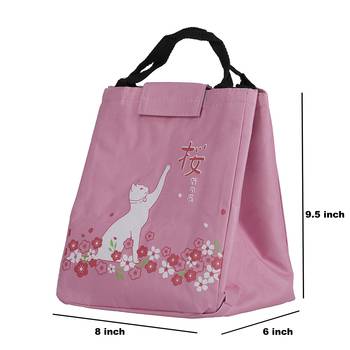 Shree Shyam Products Pink Cat Print Lunch Bag Insulated Fabric & Double Handle For Unisex Large Capacity (1 Pc Set) 4