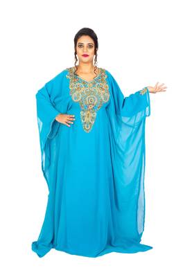 Aqua-blue embroidered georgette islamic-kaftans 2