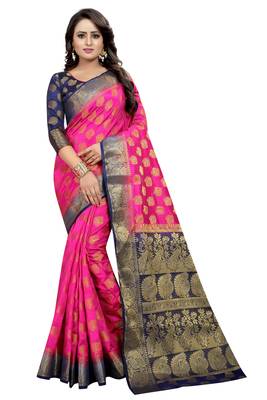 Pink woven cotton silk saree with blouse 1