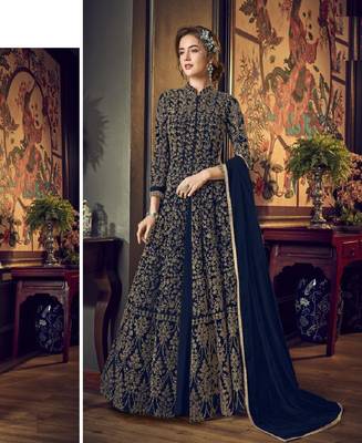 Blue Full  Embroidery & Cording Sequences Work Net Fabric Semi Suit 1