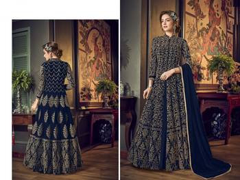 Blue Full  Embroidery & Cording Sequences Work Net Fabric Semi Suit 2