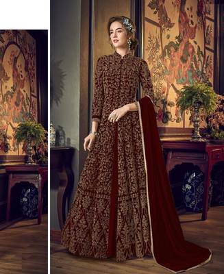 Maroon Full  Embroidery & Cording Sequences Work Net Fabric Semi Suit 1