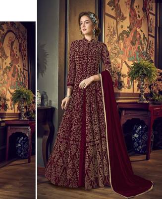 Wine Full  Embroidery & Cording Sequences Work Net Fabric Semi Suit 1
