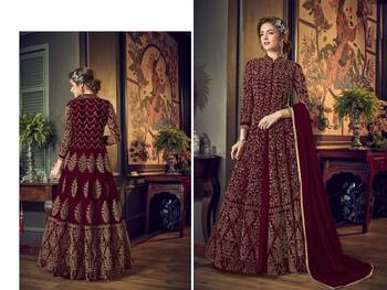 Wine Full  Embroidery & Cording Sequences Work Net Fabric Semi Suit 2