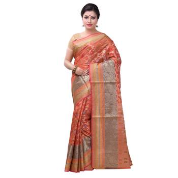 Orange Hand Woven Blended Cotton Saree With Blouse 1