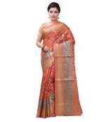 Orange Hand Woven Blended Cotton Saree With Blouse