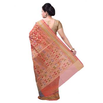 Orange Hand Woven Blended Cotton Saree With Blouse 2