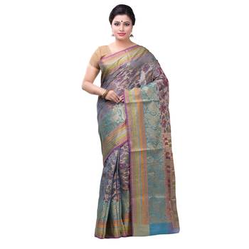 Blue Hand Woven Blended Cotton Saree With Blouse 1