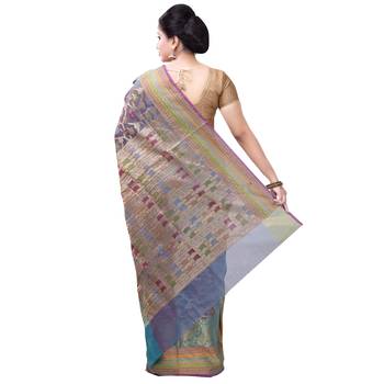 Blue Hand Woven Blended Cotton Saree With Blouse 2