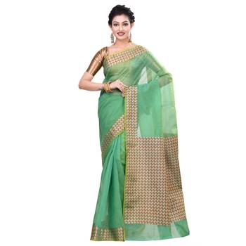 Green Woven Blended Cotton Saree With Blouse 1