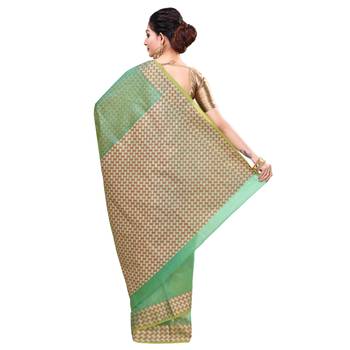 Green Woven Blended Cotton Saree With Blouse 2