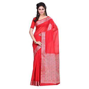 Red Woven Blended Cotton Saree With Blouse 1