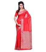 Red Woven Blended Cotton Saree With Blouse