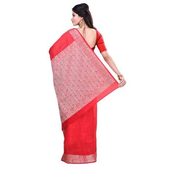 Red Woven Blended Cotton Saree With Blouse 2