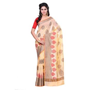 Cream Woven Blended Cotton Saree With Blouse 1