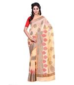 Cream Woven Blended Cotton Saree With Blouse