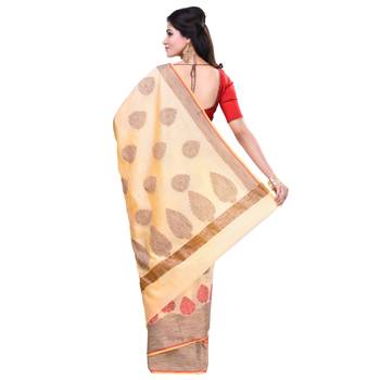 Cream Woven Blended Cotton Saree With Blouse 2