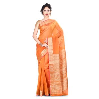 Orange Woven Blended Cotton Saree With Blouse 1