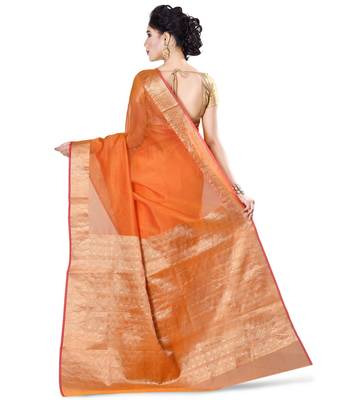 Orange Woven Blended Cotton Saree With Blouse 2