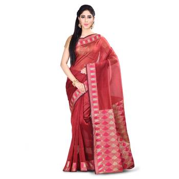 Maroon Woven Blended Cotton Saree With Blouse 1