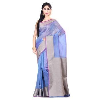 Blue Woven Blended Cotton Saree With Blouse 1