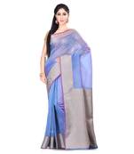 Blue Woven Blended Cotton Saree With Blouse