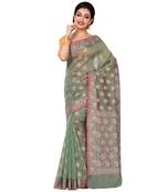 Green Hand Woven Blended Cotton Saree With Blouse