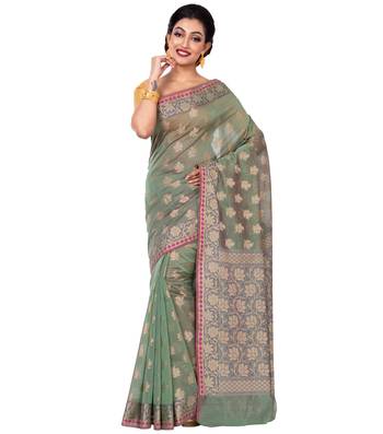 Green Hand Woven Blended Cotton Saree With Blouse 2