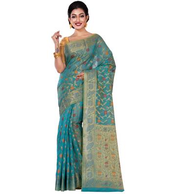 Blue Hand Woven Blended Cotton Saree With Blouse 1