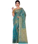 Blue Hand Woven Blended Cotton Saree With Blouse