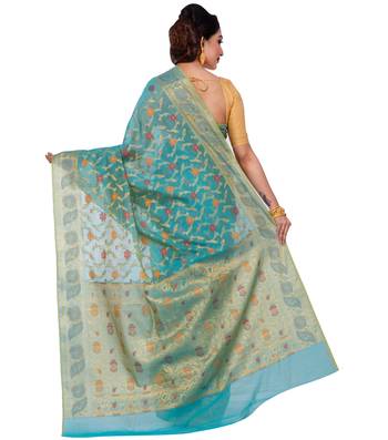 Blue Hand Woven Blended Cotton Saree With Blouse 2