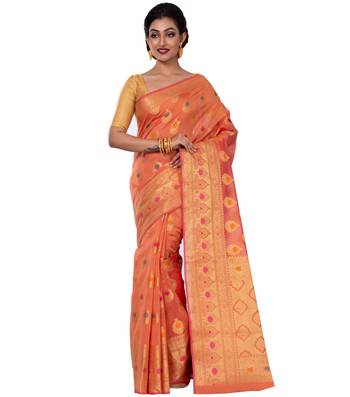 Orange Hand Woven Blended Cotton Saree With Blouse 1