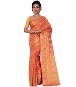 Orange Hand Woven Blended Cotton Saree With Blouse