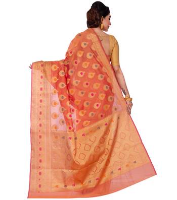 Orange Hand Woven Blended Cotton Saree With Blouse 2