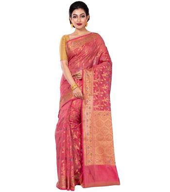 Peach Hand Woven Blended Cotton Saree With Blouse 1