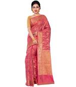 Peach Hand Woven Blended Cotton Saree With Blouse