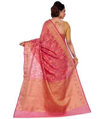 Peach Hand Woven Blended Cotton Saree With Blouse 2